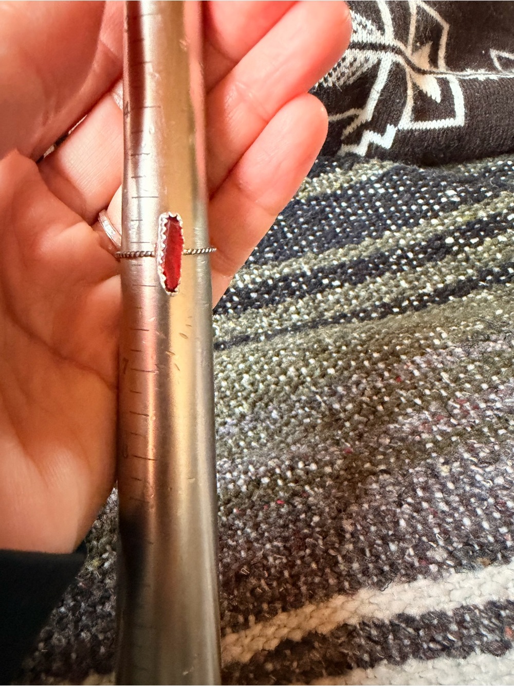 Artisan Silver Beaded Ring with Red Stone